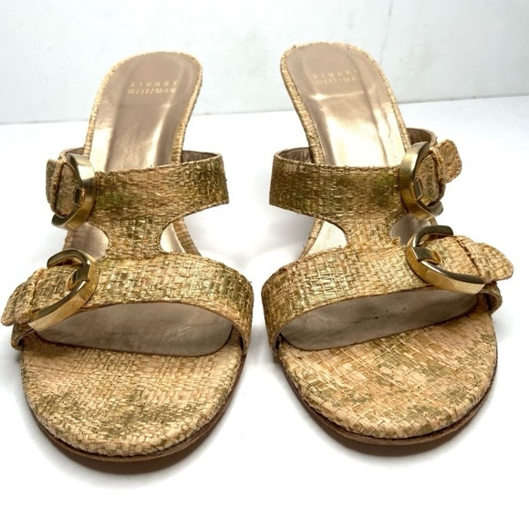 Vintage STUART WEITZMAN Raffia and Gold Metal Heeled Sandals - Picture 3 of 16